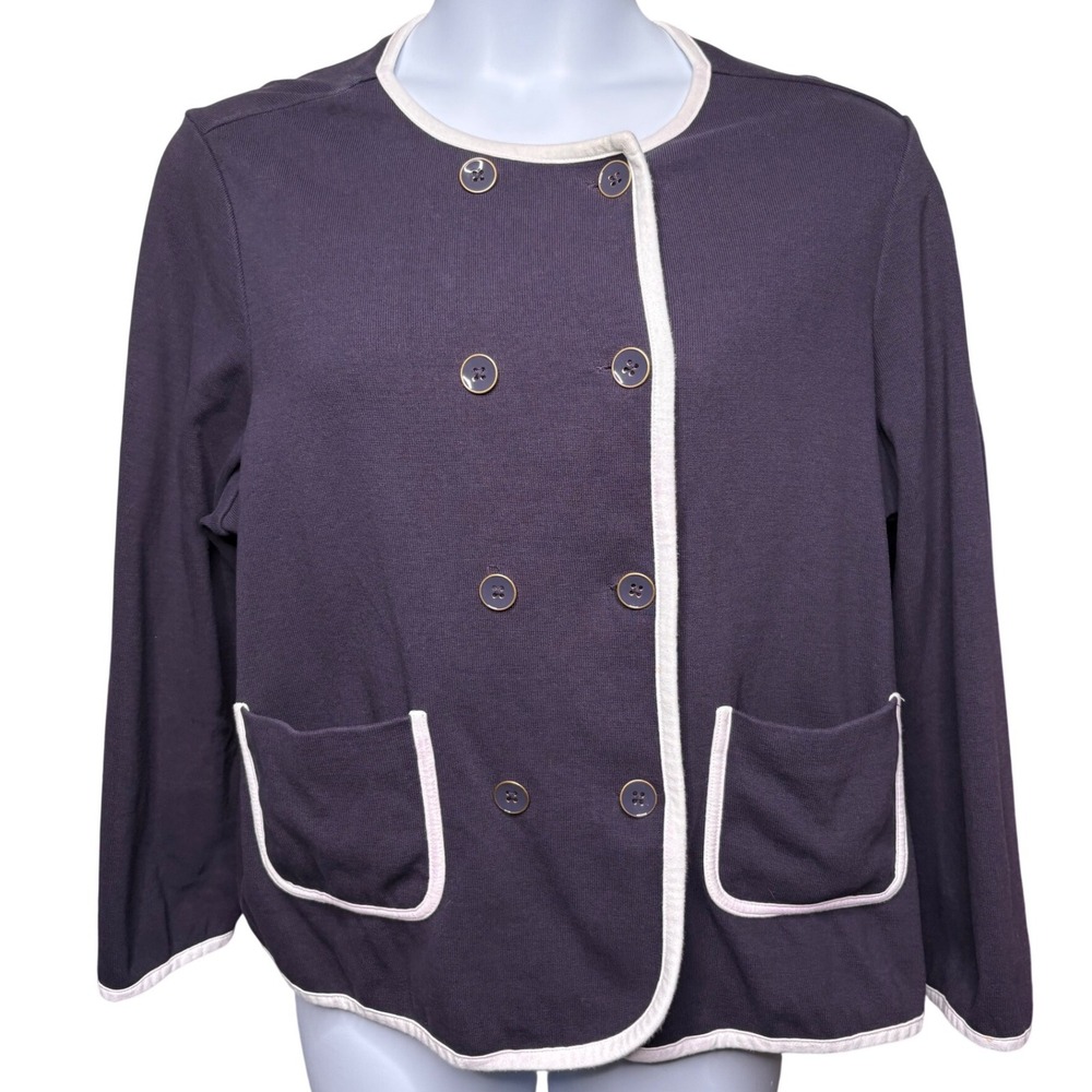 LANDS' END Womens Blue Double Breasted Cardigan Blazer 20W White Trimmed Office